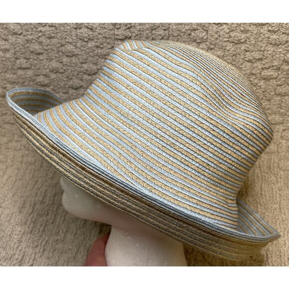 Eric Javits Blue Tan Woven Straw Trilby Sun Hat OS Turn Up Brim Packable Travel main image 6